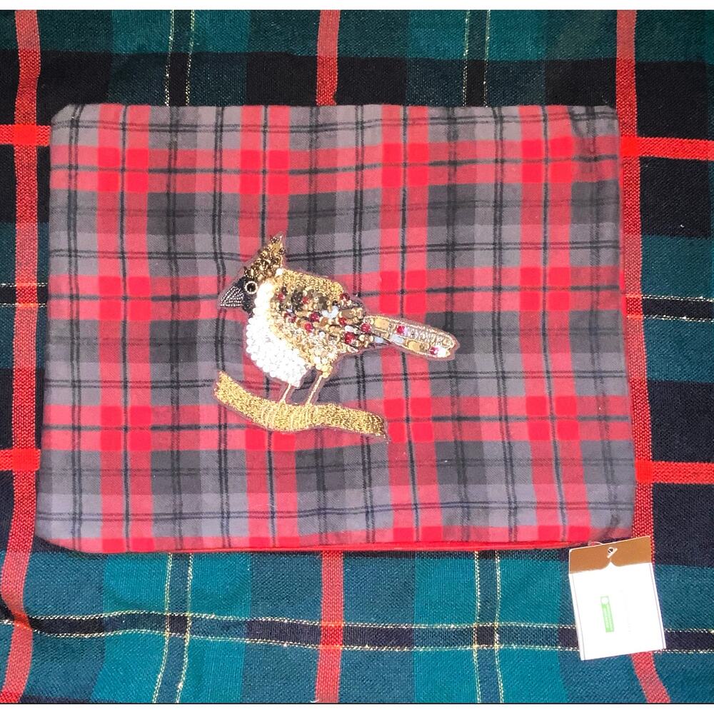 Pottery Barn 12”x16” Sequin Cardinal Christmas Plaid Cotton Flannel Pillow Cover